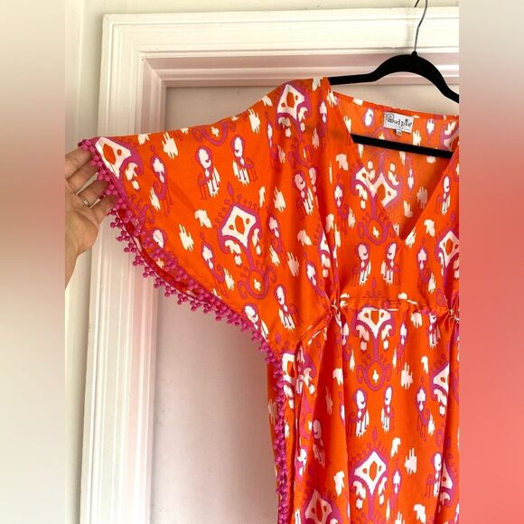 Mud Pie Orange & Pink Adjustable Swimsuit Coverup Size Small Pom Pom Medium - Picture 6 of 6